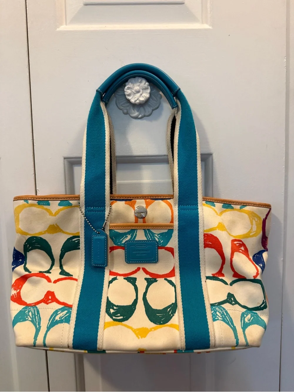 Coach Multicolor Canvas Tote with Teal Straps